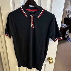 Men's Navy Polo Sweater with Red Accents.  Size Medium